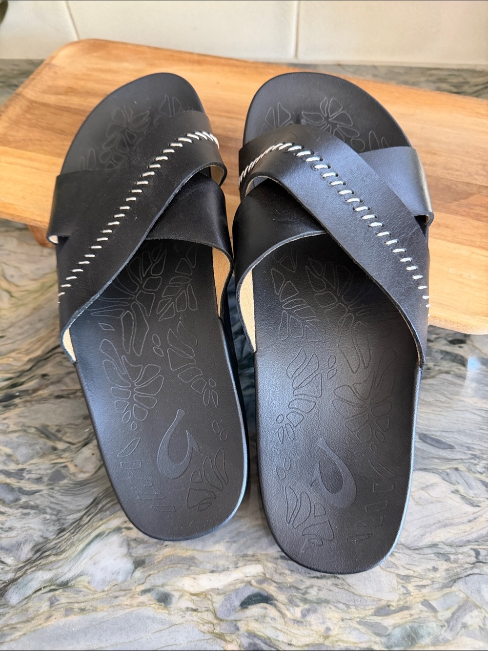 OluKai Black Crisscross Slide Sandals with Contrast Stitching